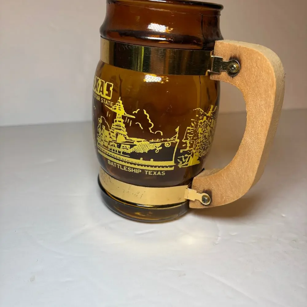 Vintage Texas Lone Star State Souvenir Brown Glass Barrel Mug Wood Handle